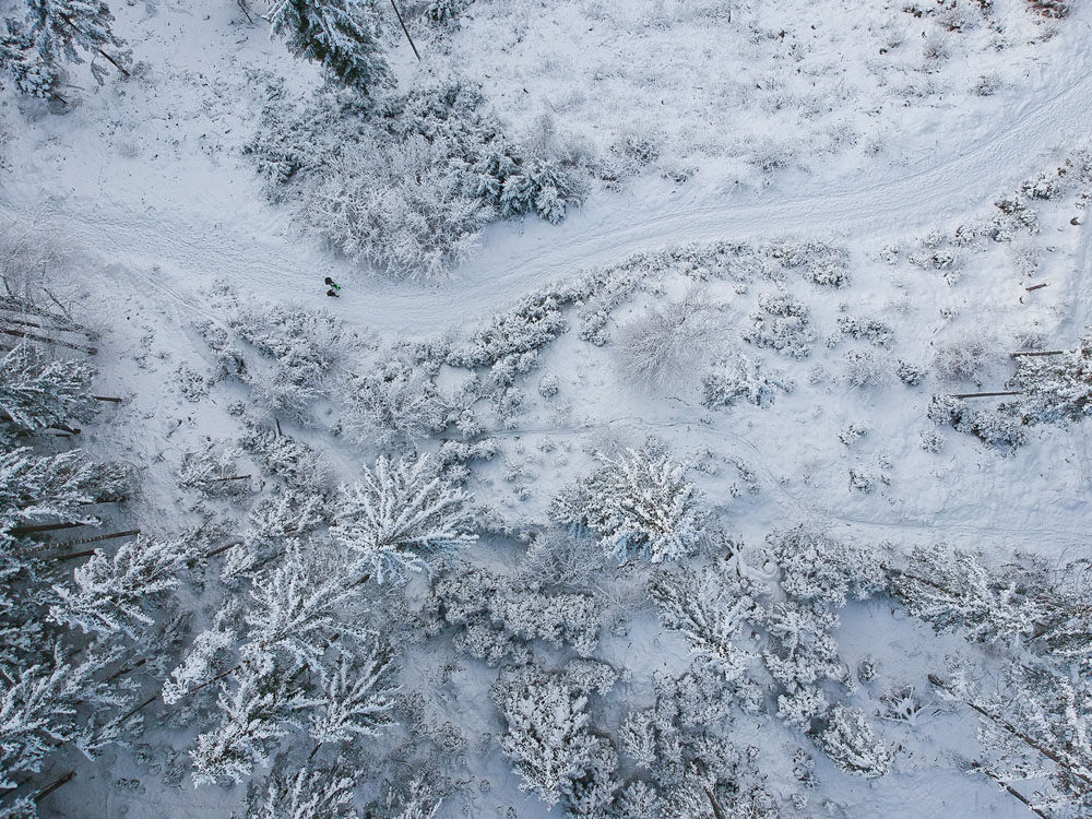 Drohnenfoto – Luftaufnahme eines verschneiten Waldes in Kärnten